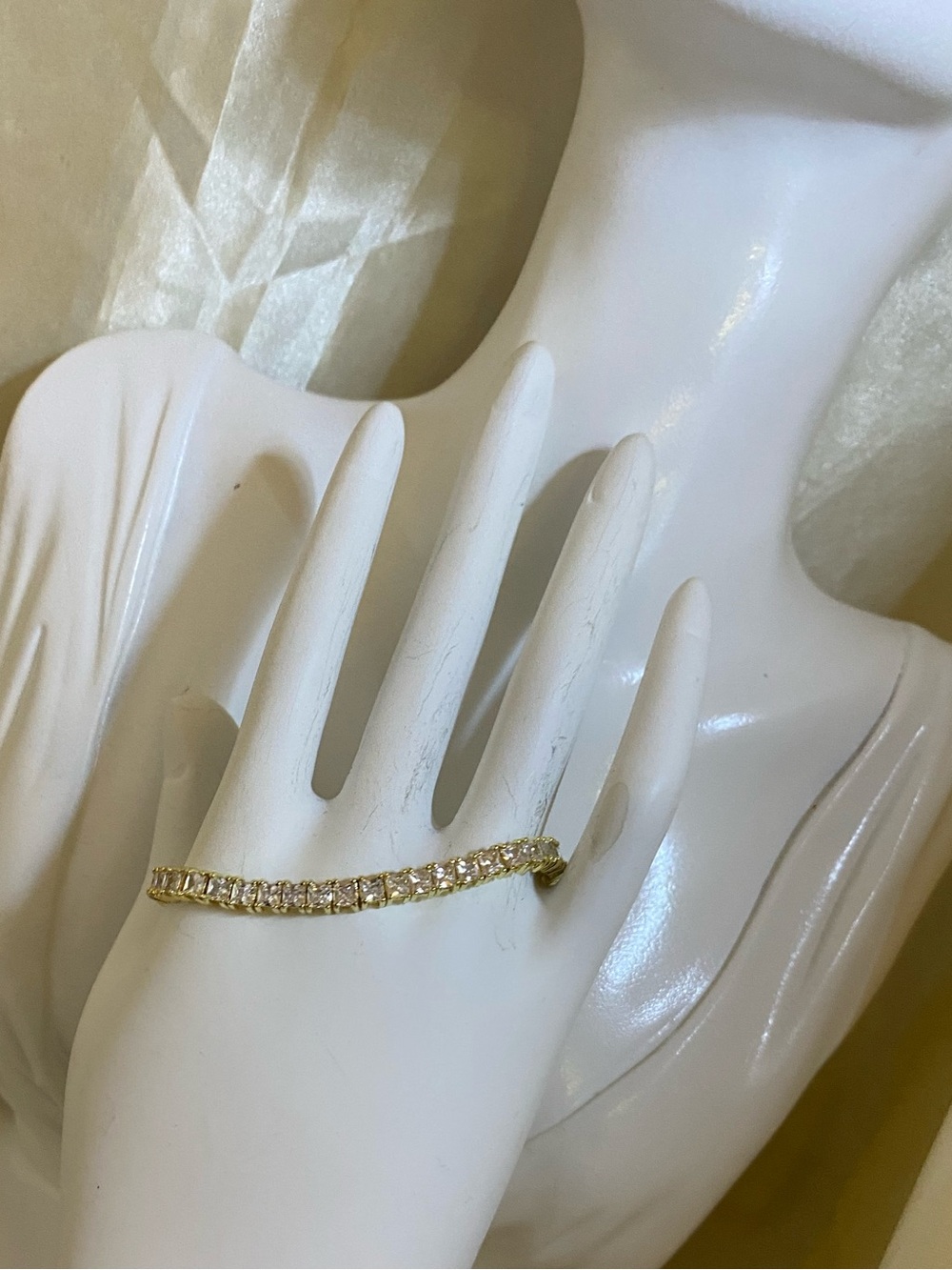 Vintage Gold-Tone Princess Cut CZ Tennis Bracelet Double Safety Clasp 90s